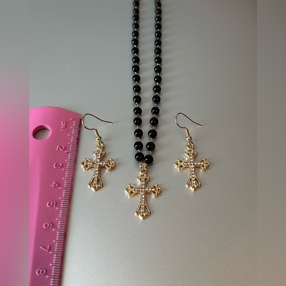 Gold Tone Crystal Cross Pendant Necklace & Drop Dangle Earrings Set - Picture 3 of 6